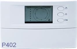 P302, P402 bezdrátový pokojový termostat - Tyto bezdrátové pokojové termostaty odečítají teplotu v místnosti a vysílají signál do přijímače.P302 a P402 - týdenní program.